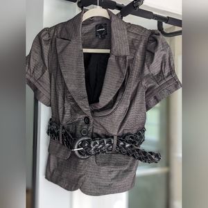 Grey belted blouse with ruched sleeves